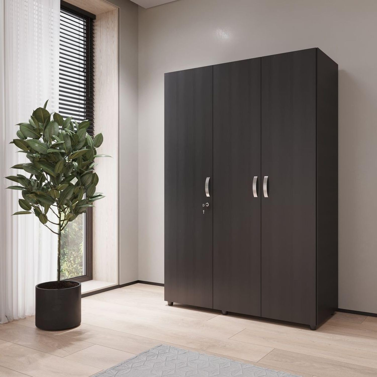 MADERKIT | Ropero Bilbao 120 cm Ancho | Tamaño Mediano | Color Wengue | 3 Puertas y Llave de Seguridad | Mueble Listo para armar | Estantes y Tubos para Colgar (Wengue)
