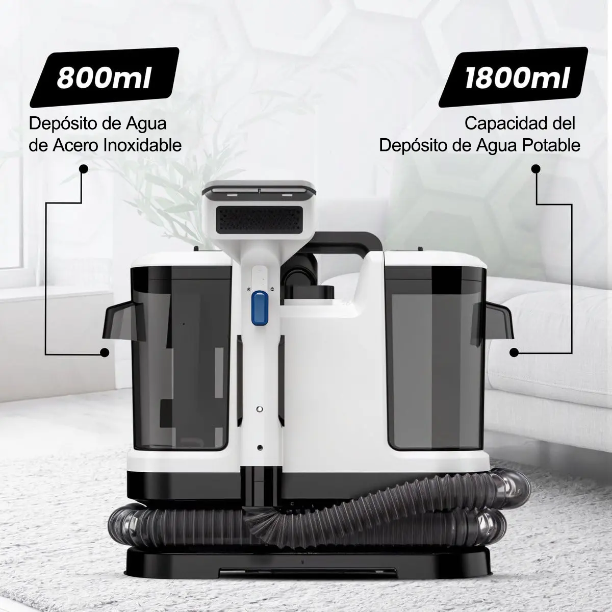 Aspiradora Lava Alfombra Tapicería De Inyección Succión 600w 18000pa, Máquina De Limpieza De Telas Para Sofá, Alfombra, Cortina Y Cama, Cepillo Profundo, Doble Tanque De Agua Blanco