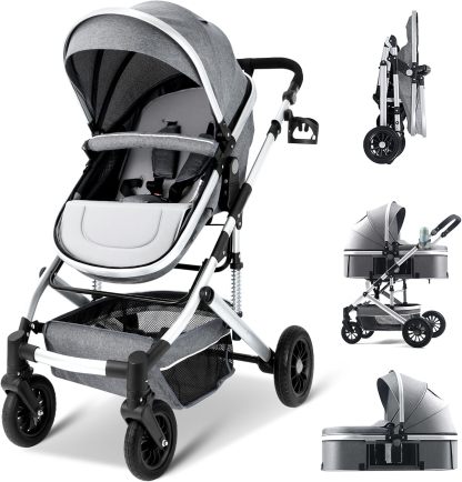 VANGUA Carriola para Bebé con Diseño de Amplia Vista, Llantas de Caucho a Prueba de Explosiones, Sistema de Amortiguadores Atenuantes, Asiento con Dirección Ajustable, Reclinable Multi Posición, Toldo Protector Solar, Ventana de Ventilación, Estructura