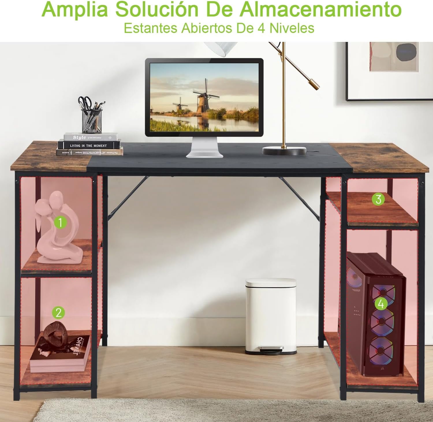 Escritorio Grande 140cm Color Madera con Negro,con Bolsa de Almacenamiento