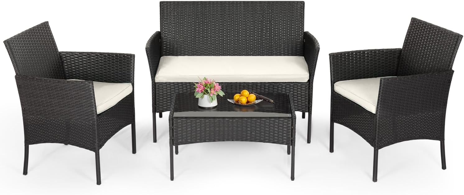 FDW - Juego de 4 muebles para exteriores, juego de conversación de mimbre con silla de ratán, mesa de centro para exteriores, interiores, jardín, patio, porche, terraza, balcón, cojines de mimbre