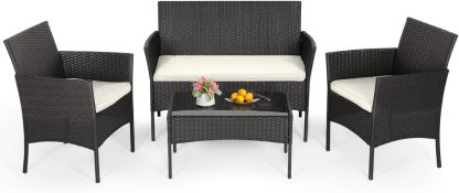 FDW - Juego de 4 muebles para exteriores, juego de conversación de mimbre con silla de ratán, mesa de centro para exteriores, interiores, jardín, patio, porche, terraza, balcón, cojines de mimbre