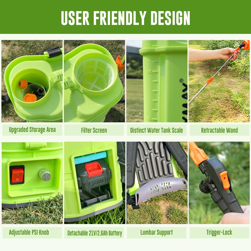 Pulverizador de mochila VAXMAY a batería, 3.2 galones, 80 PSI, pulverizador eléctrico para jardín, compatible con baterías Makita de 18 V, 5 boquillas, batería de 2.0 Ah y cargador incluidos.