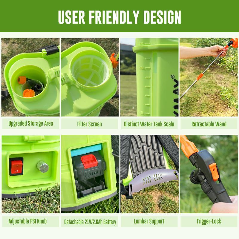 Pulverizador de mochila VAXMAY a batería, 3.2 galones, 80 PSI, pulverizador eléctrico para jardín, compatible con baterías Makita de 18 V, 5 boquillas, batería de 2.0 Ah y cargador incluidos.