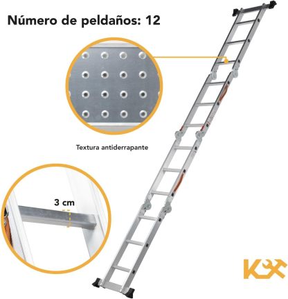 Kingsman | Escalera Multiposiciones 12 Peldaños con Charolas – Soporta hasta 150 kg – Escalera de Aluminio 3.5 MTS – Plegable – Escalera Multipropósito – Tipo Tijera – Andamio – Escalera Recta