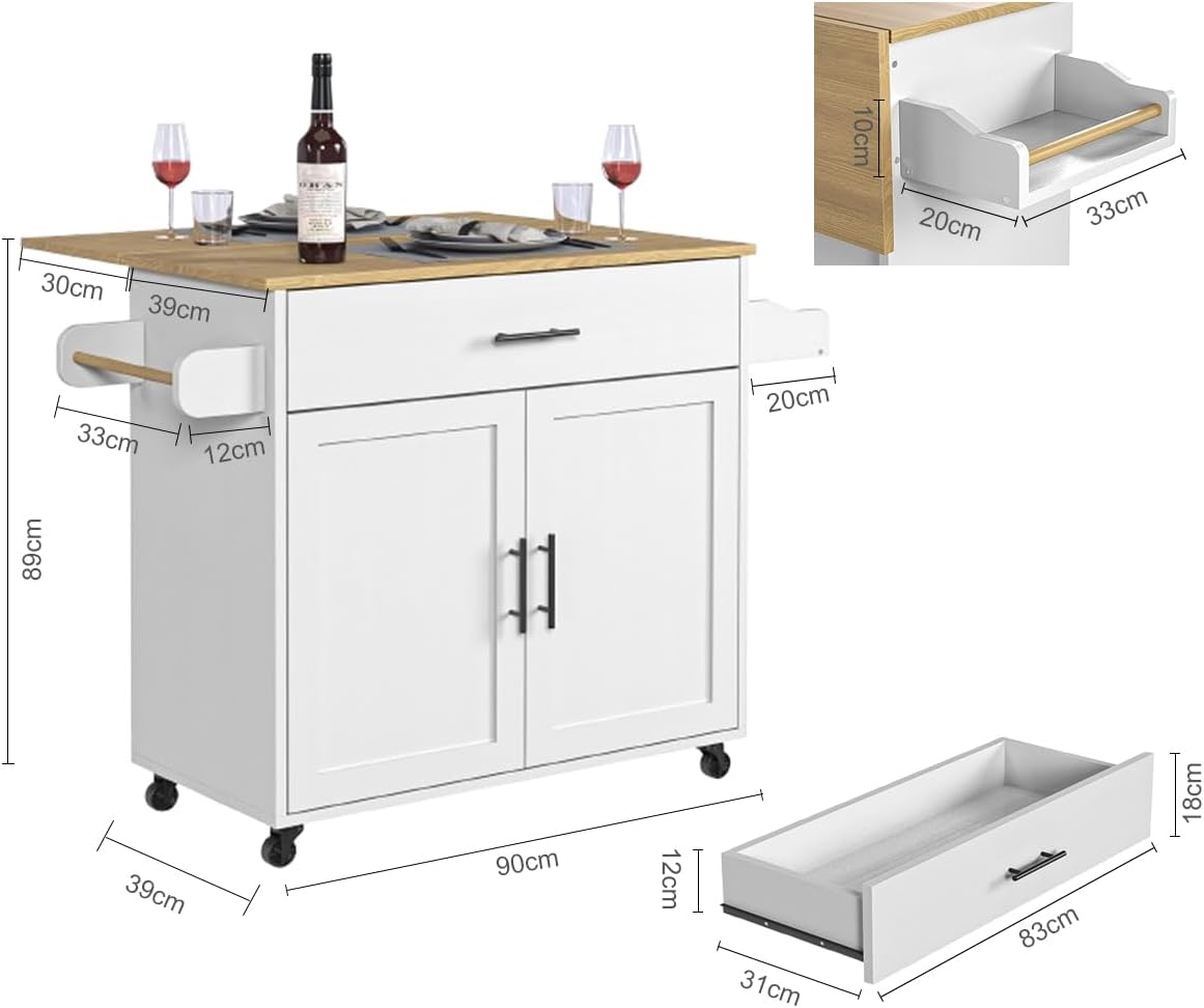 Isla de Cocina Móvil Multifuncional con Ruedas - Abatible,Organizador Integrado Gabinetes,Cajones,Especiero,Toallero Mesa Auxiliar,Almacenamiento Compacto Color de Relieve Blanco