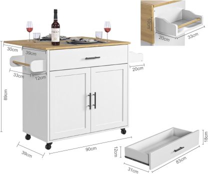 Isla de Cocina Móvil Multifuncional con Ruedas - Abatible,Organizador Integrado Gabinetes,Cajones,Especiero,Toallero Mesa Auxiliar,Almacenamiento Compacto Color de Relieve Blanco