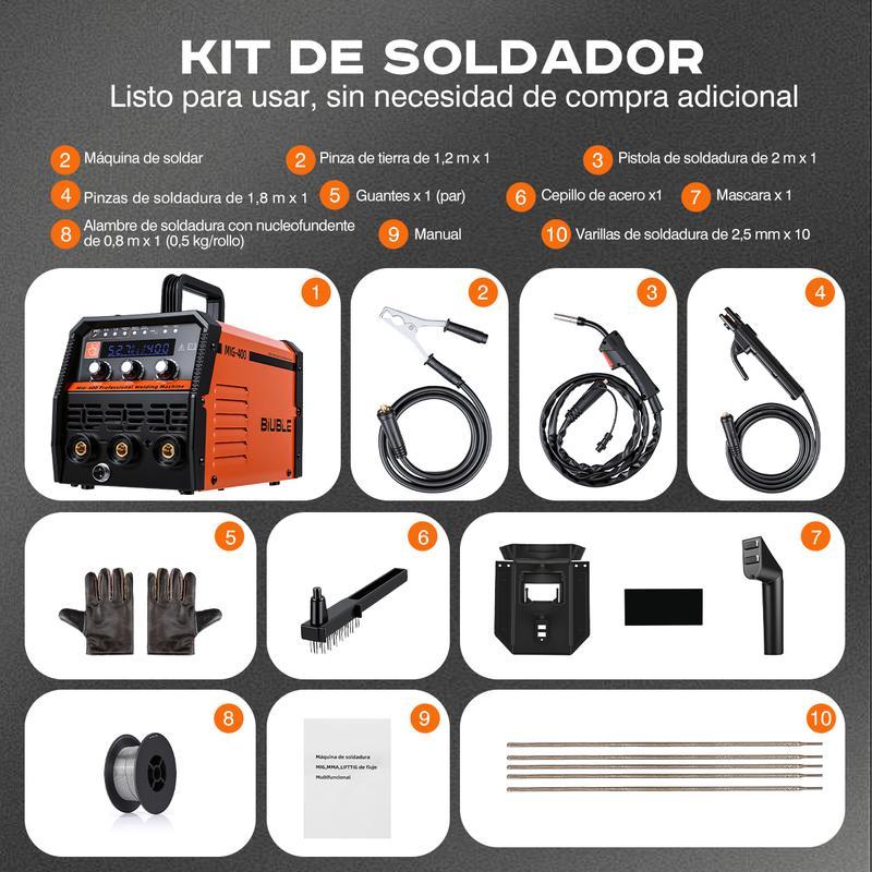 BIUBLE 7 en 1 Soldadora Inverter 400A Máquina Soldar Mig+MMA+TIG 110V, con LCD Pantalla Digital, Soldadora Inversor sin Gas, Soldadora Mig Industrial De Aluminio