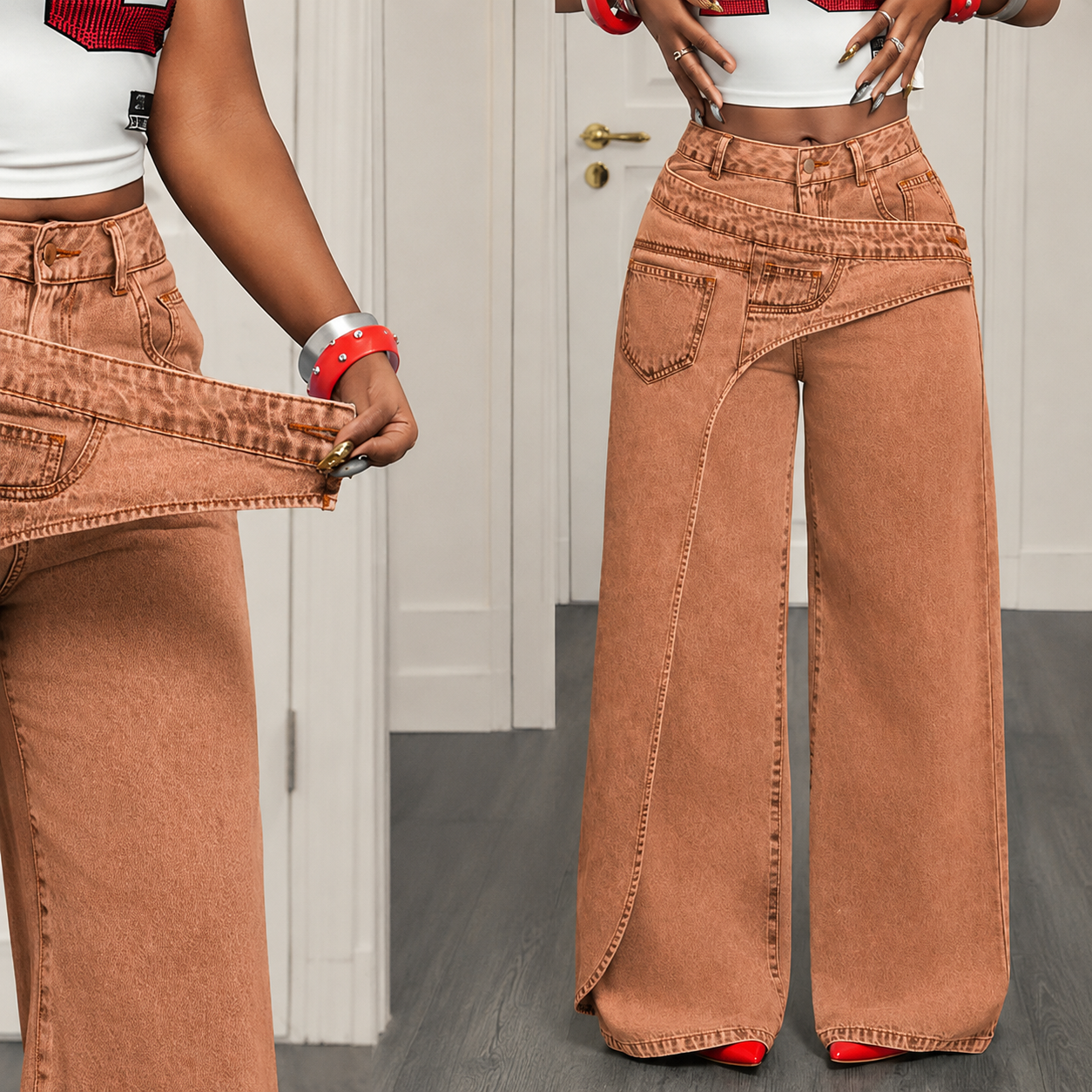 Jeans de pierna ancha y cintura alta para mujer con cintura asimétrica – Pantalones vaqueros holgados de lavado claro