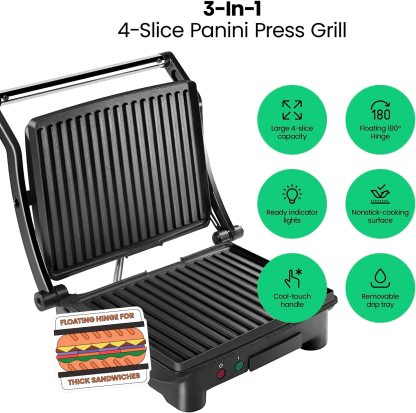 Chefman Parrilla Panini Prensa y Gourmet Sándwich de Hacer, 4 Rebanadas