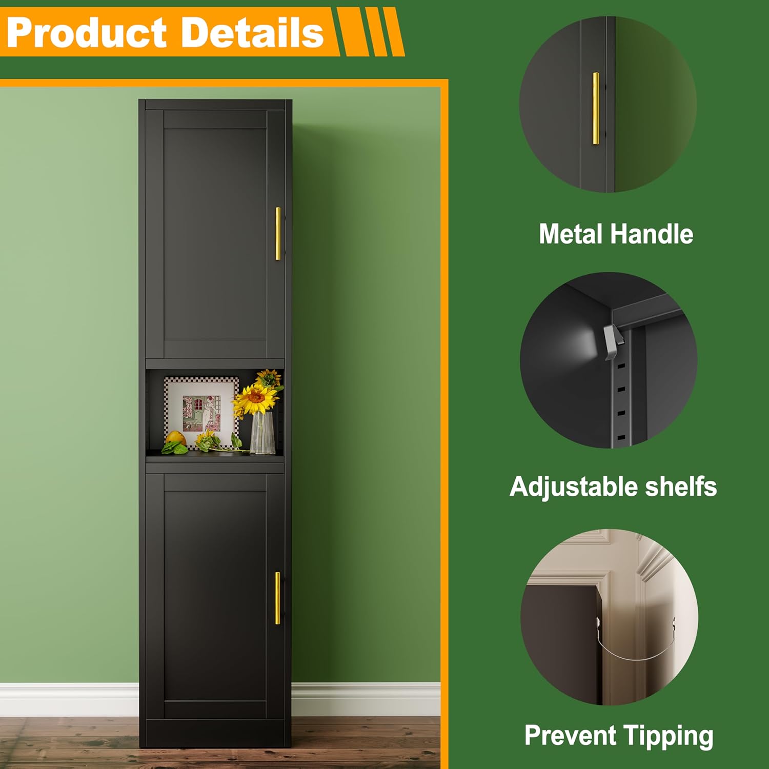 Ckzbx Gabinete de cocina de metal de 61 pulgadas de alto con 4 puertas, armarios de baño, 2 estantes ajustables para cocina, oficina en casa, sala de estar, comedor (negro)