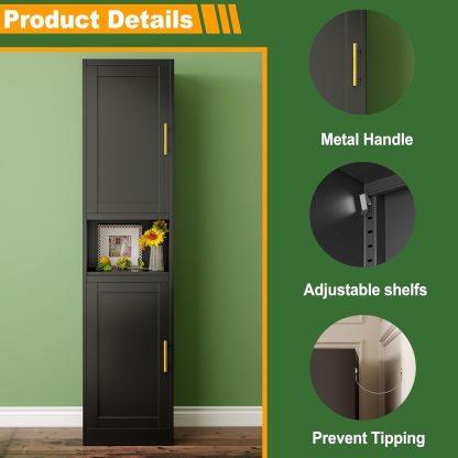 Ckzbx Gabinete de cocina de metal de 61 pulgadas de alto con 4 puertas, armarios de baño, 2 estantes ajustables para cocina, oficina en casa, sala de estar, comedor (negro)