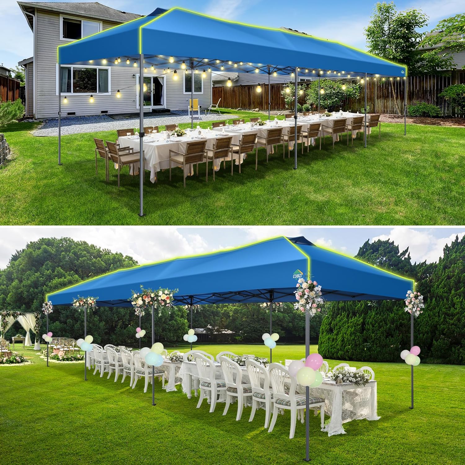 COBIZI - Tienda de campaña desplegable de 10 x 20 Pulgadas, Tienda de campaña instantánea Comercial para Bodas, Fiestas con 3 Altura Ajustable, toldo Ez Up para Exteriores, Impermeable, UPF50+ con