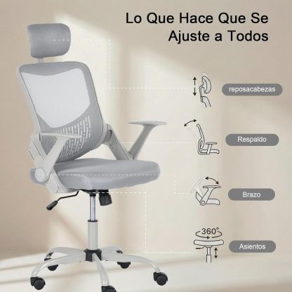 FurnitureR Silla Oficina Ergonómica con Reposacabezas, Silla Escritorio Malla Resistente con Soporte Lumbar, Silla Computadora con Base Metal, Asiento y Reposacabezas Ajustables Gris