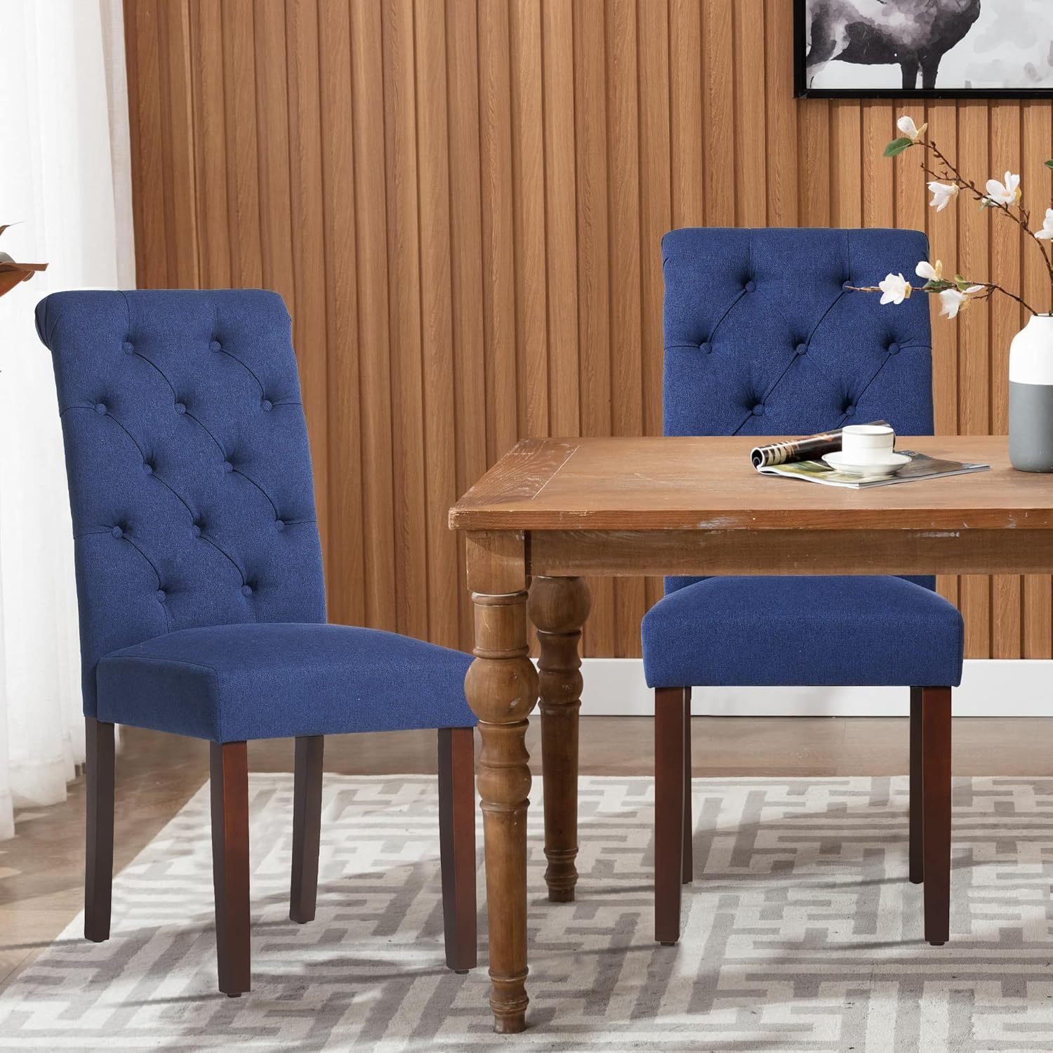 COLAMY - Juego de 6 sillas de Comedor con Botones y tapizadas, con Patas de Madera Maciza y Asiento Acolchado para Comedor, Cocina, Color Gris