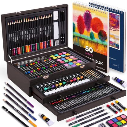 Juego de arte de lujo de 175 piezas con 2 almohadillas para orejas de dibujo, pinturas acrílicas, lápices de colores, juego de pintura en caja de madera, kit de arte profesional, suministros de arte