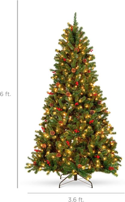 Best Choice Products - Árbol de Navidad artificial preiluminado de 6 pies predecorado con bisagras, con 798 puntas, piñas, bayas, 250 luces, base de metal