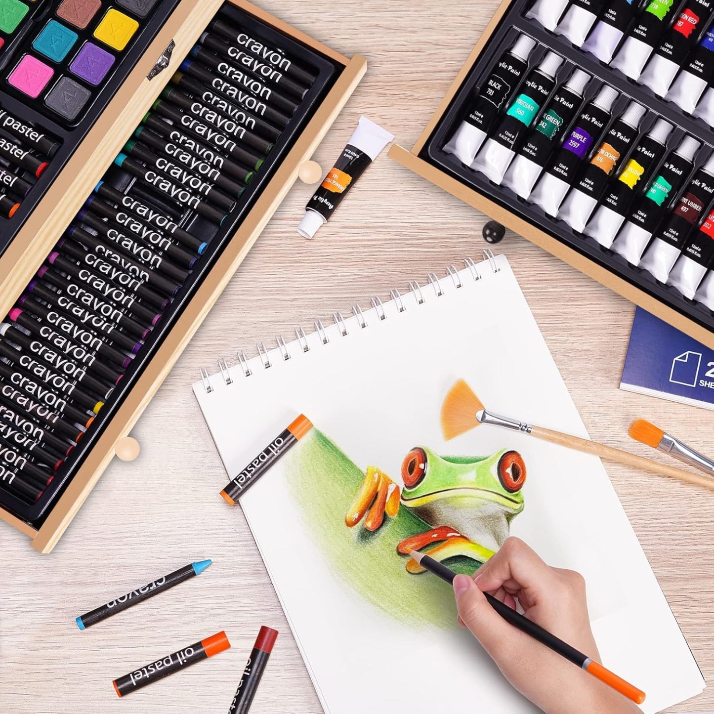 Juego de arte de lujo de 175 piezas con 2 almohadillas para orejas de dibujo, pinturas acrílicas, lápices de colores, juego de pintura en caja de madera, kit de arte profesional, suministros de arte