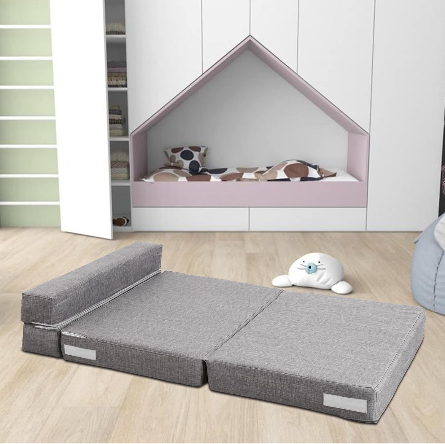 Silla reclinable Anoner, sofá cama plegable de 152 cm, diván con 2 cojines, funda lavable de espuma viscoelástica tamaño queen, color gris claro