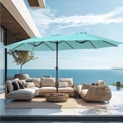 [Luz LED] Phivilla Home Sombrilla grande para patio exterior de 15 pies con base – Opción de luz LED, doble cara, manivela, impermeable