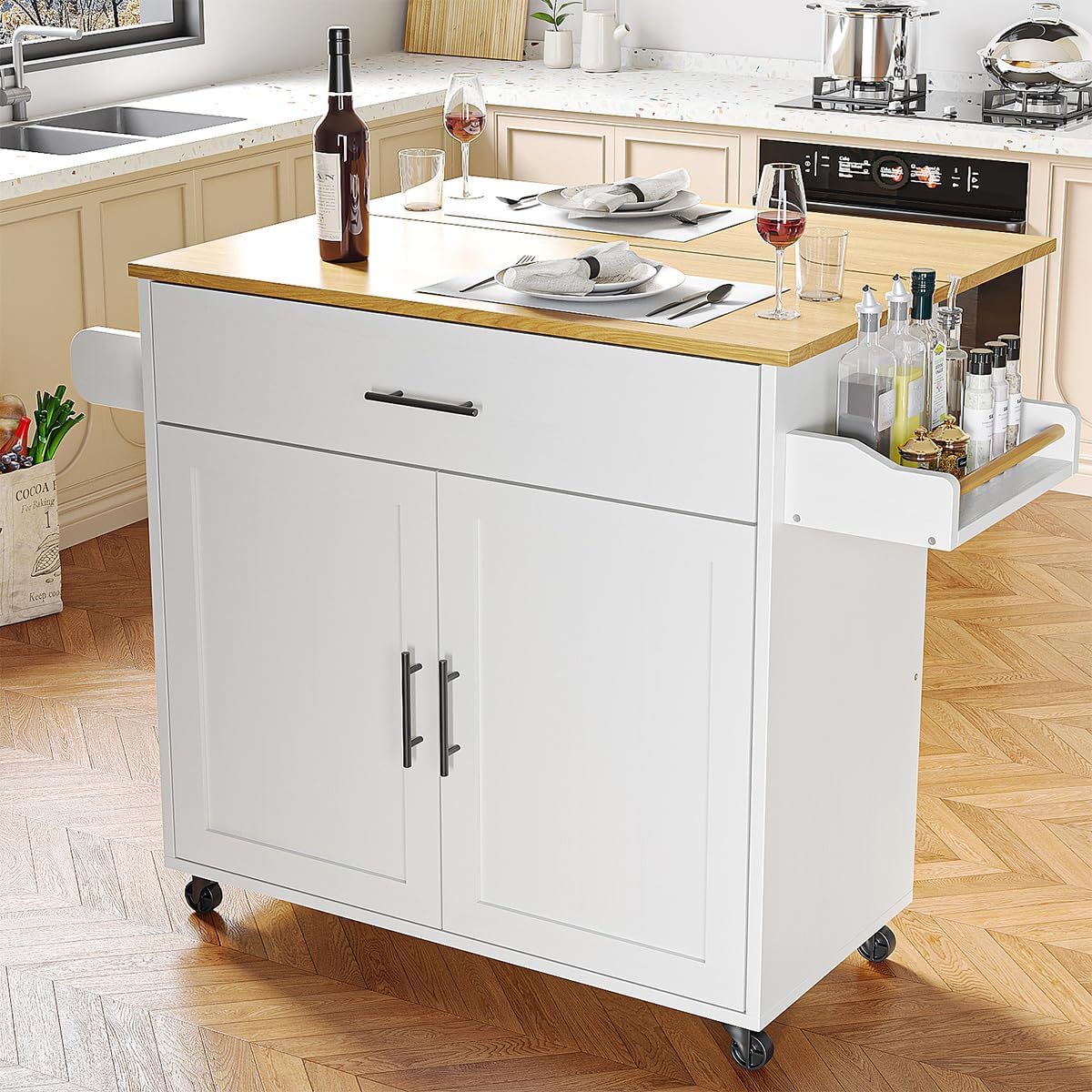 Isla de Cocina Móvil Multifuncional con Ruedas - Abatible,Organizador Integrado Gabinetes,Cajones,Especiero,Toallero Mesa Auxiliar,Almacenamiento Compacto Color de Relieve Blanco
