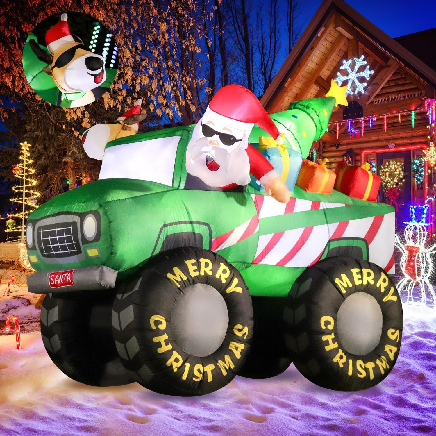DomKom - Inflable de Navidad 2.1m, Santa Claus y Reno conduciendo Monster Truck, decoración Gigante para jardín con Luces LED integradas, Ideal para Fiestas al Aire Libre