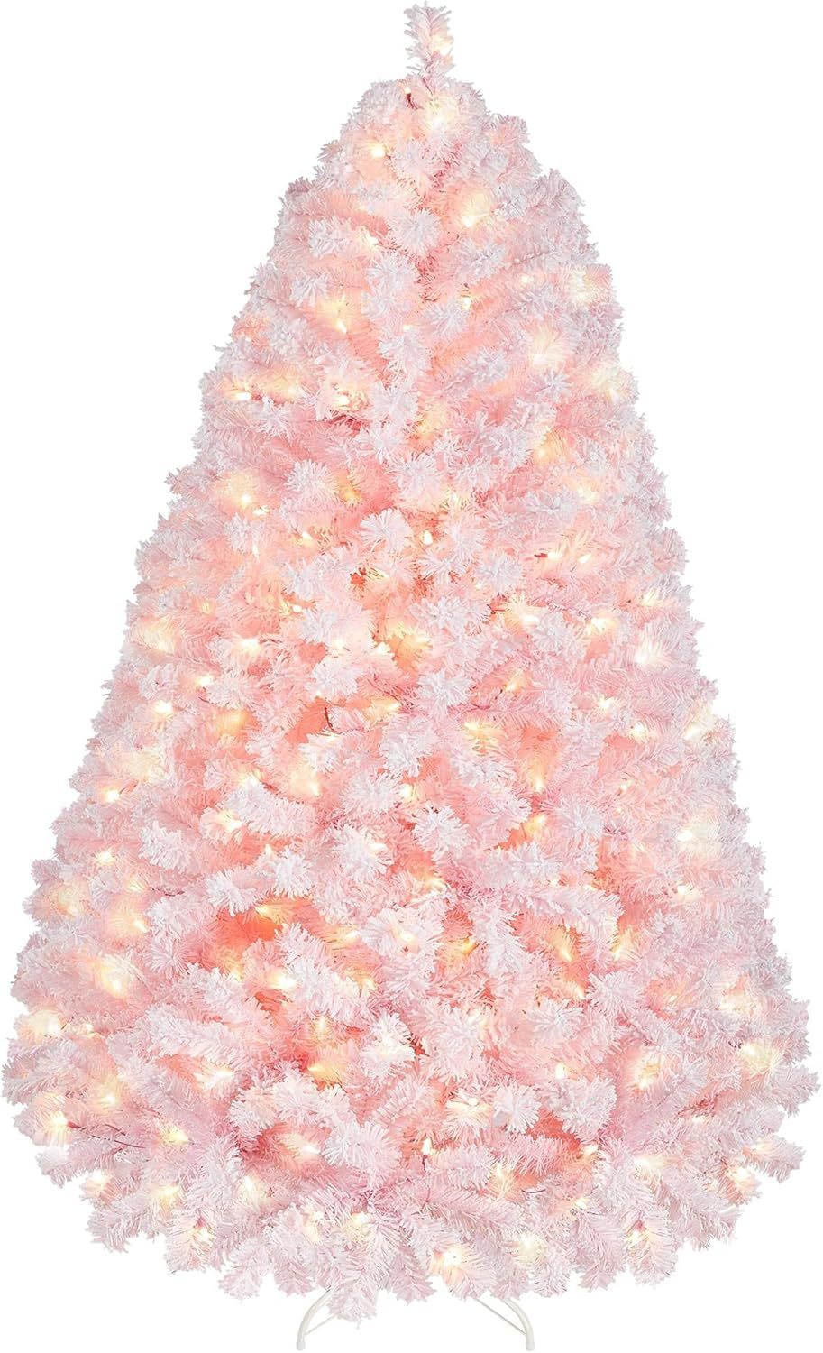Yaheetech Árbol de Navidad artificial preiluminado de 6 pies con luces incandescentes blancas cálidas, árbol de Navidad con 820 puntas de rama, 250 luces incandescentes y soporte plegable, color rosa