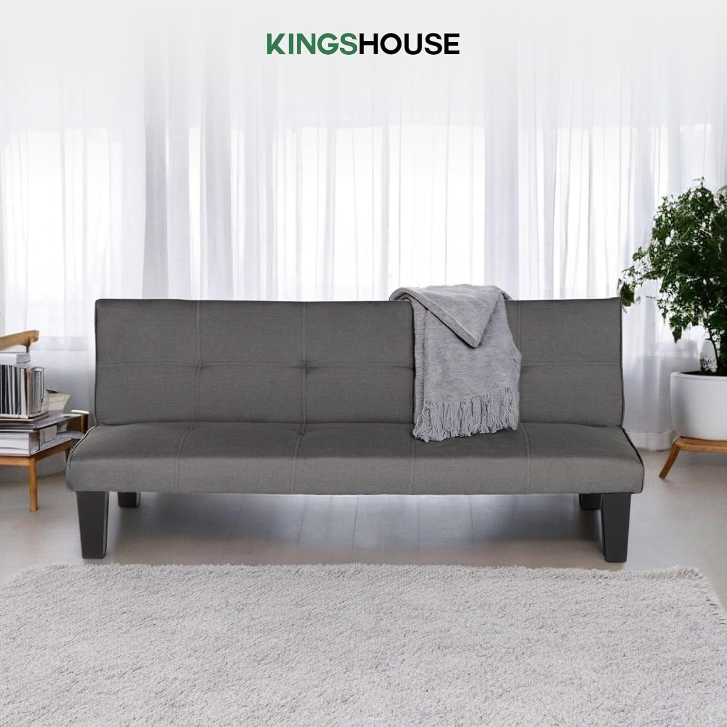 Kingshouse | Sofá Cama Individual Plegable – Sillón MIA – Estructura Madera – Tapizado en Lino Suave – Compacto y Multifuncional – Gris Oscuro