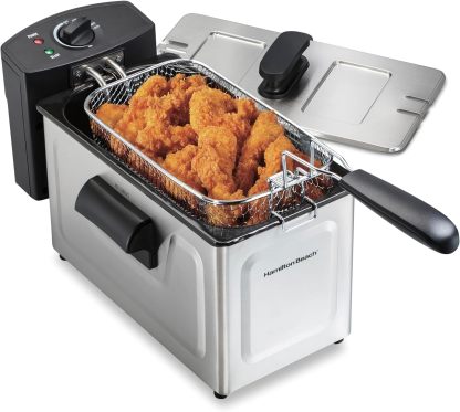 Hamilton Beach Freidora eléctrica de estilo profesional, cesta de freír XL, tapa con ventana de visión, 1800 vatios, 19 tazas/4,5 litros de capacidad de aceite, acero inoxidable (35035A)
