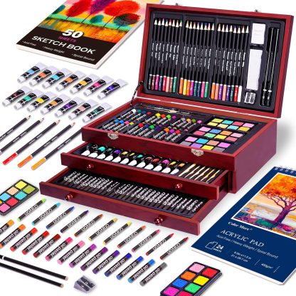 Juego de arte de lujo de 175 piezas con 2 almohadillas para orejas de dibujo, pinturas acrílicas, lápices de colores, juego de pintura en caja de madera, kit de arte profesional, suministros de arte