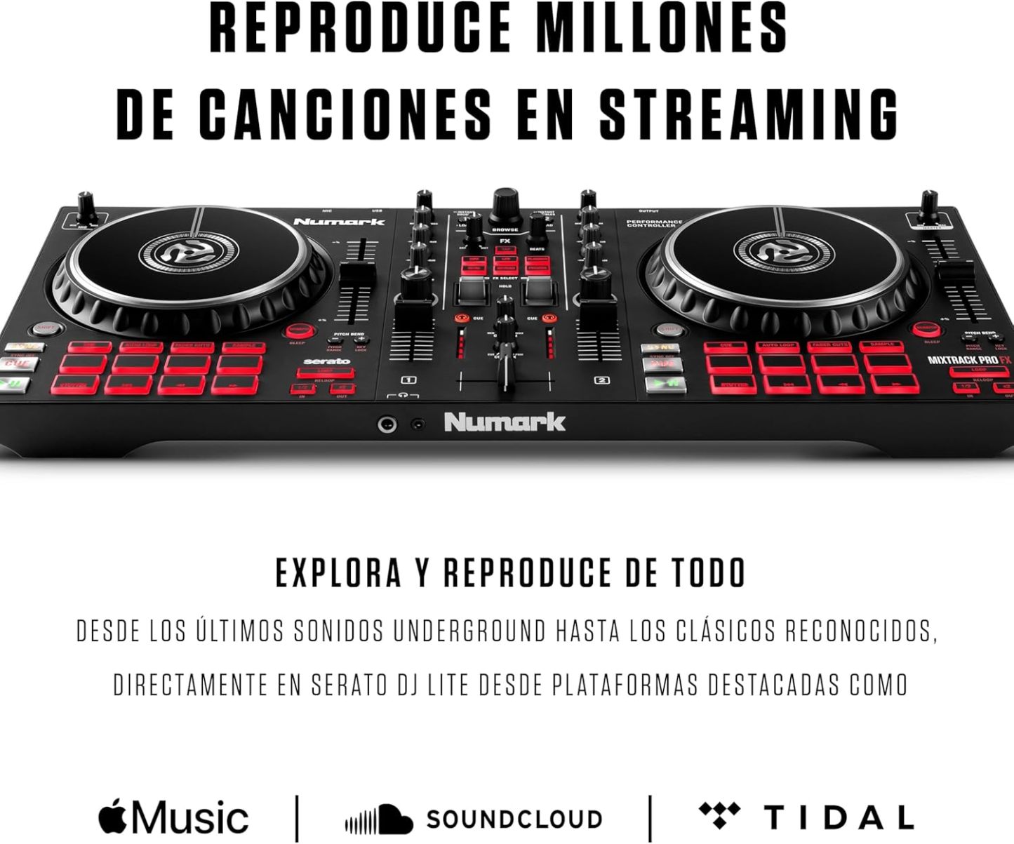Numark Mixtrack Platinum FX Controlador DJ Para Serato DJ Con Control de 4 Secciones, Mezclador DJ, Interfaz de Audio Incorporada, Pantallas en Las Ruedas de Selección y Paletas de Efectos