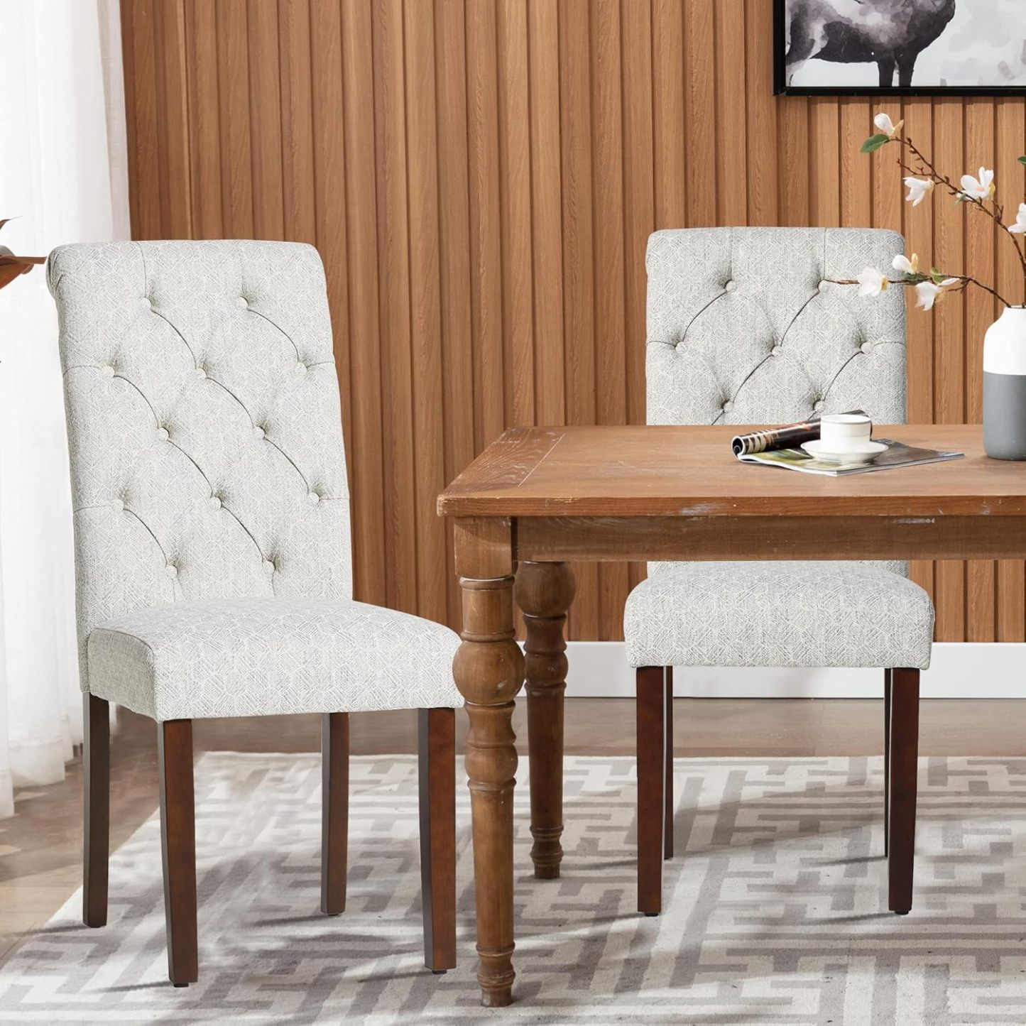COLAMY - Juego de 6 sillas de Comedor con Botones y tapizadas, con Patas de Madera Maciza y Asiento Acolchado para Comedor, Cocina, Color Gris