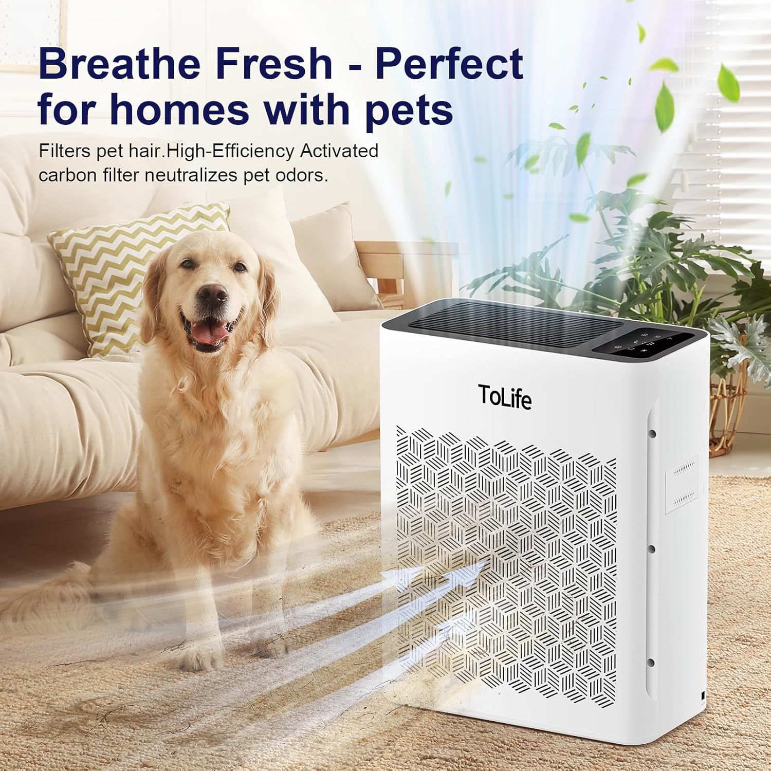 Tolife Purificador de aire para habitación grande, purificadores de aire para el hogar y pelo de mascotas con filtro lavable, limpiador de aire para recámara de hasta 1095 pies² polvo humo olor, modo
