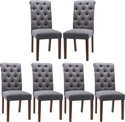 COLAMY - Juego de 6 sillas de Comedor con Botones y tapizadas, con Patas de Madera Maciza y Asiento Acolchado para Comedor, Cocina, Color Gris