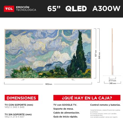 TCL 65A300W Smart TV Pantalla NXTVision TV 65” 4K QLED Pro Google TV | HDR10 | Dolby Audio | WiFi y Bluetooth | Compatible con Alexa, Chromecast Integrado