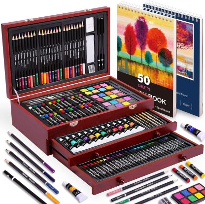 Juego de arte de lujo de 175 piezas con 2 almohadillas para orejas de dibujo, pinturas acrílicas, lápices de colores, juego de pintura en caja de madera, kit de arte profesional, suministros de arte