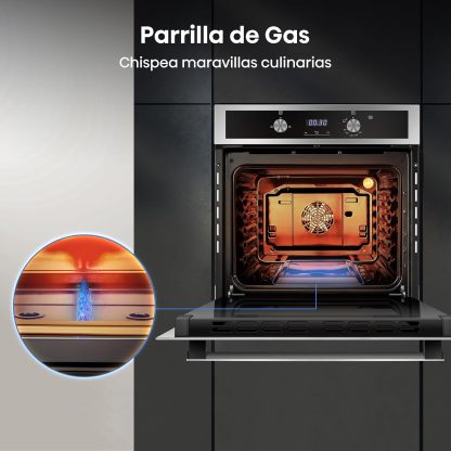 Hisense Horno de gas empotrable 67L, parrilla de gas, flujo de aire múltiple, temperatura precisa, puerta extraíble de fácil limpieza, temporizador, HGO602BS