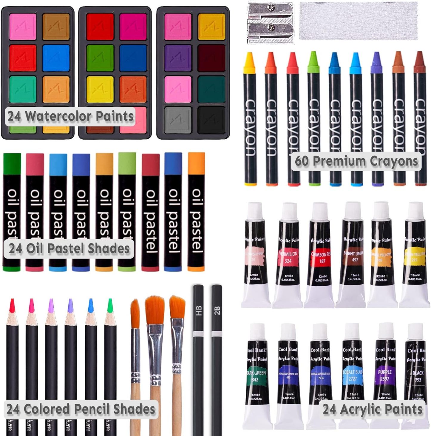 Juego de arte de lujo de 175 piezas con 2 almohadillas para orejas de dibujo, pinturas acrílicas, lápices de colores, juego de pintura en caja de madera, kit de arte profesional, suministros de arte