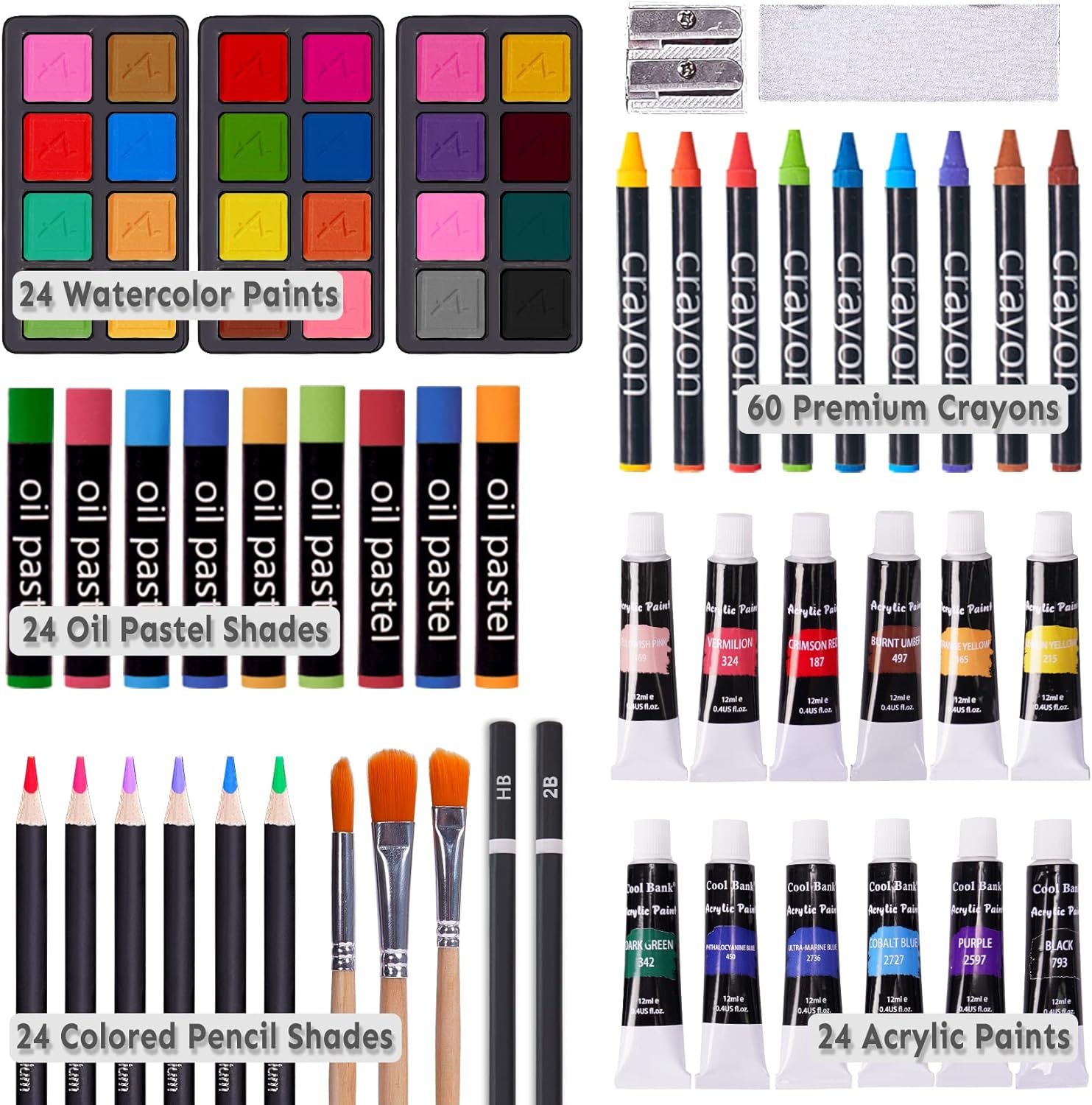 Juego de arte de lujo de 175 piezas con 2 almohadillas para orejas de dibujo, pinturas acrílicas, lápices de colores, juego de pintura en caja de madera, kit de arte profesional, suministros de arte