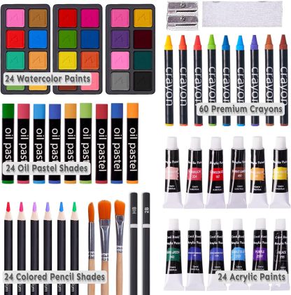 Juego de arte de lujo de 175 piezas con 2 almohadillas para orejas de dibujo, pinturas acrílicas, lápices de colores, juego de pintura en caja de madera, kit de arte profesional, suministros de arte