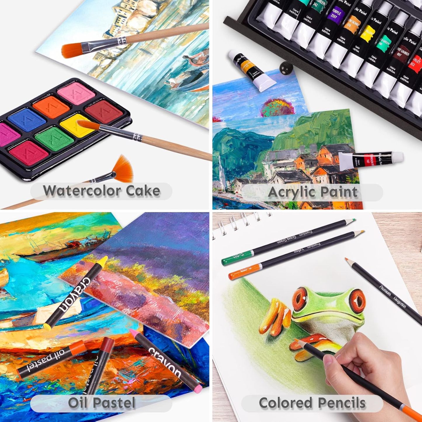 Juego de arte de lujo de 175 piezas con 2 almohadillas para orejas de dibujo, pinturas acrílicas, lápices de colores, juego de pintura en caja de madera, kit de arte profesional, suministros de arte