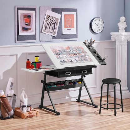 Yaheetech - computadora de arte blanco ajustable en altura para adultos, mesa inclinable de dibujo con computadora extragrande y cajones, juego de mesa y silla plegable para manualidades con taburetes