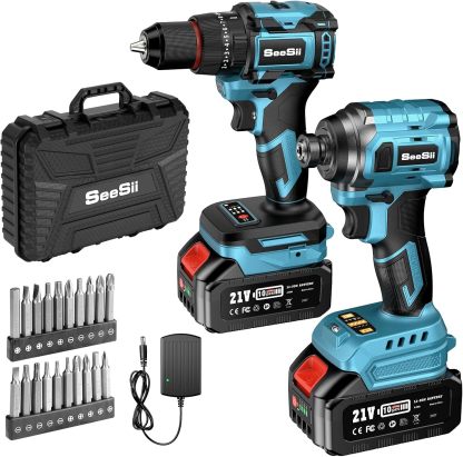 SEESII - Taladro inalámbrico y destornillador de impacto de 21 V máximo, kit combinado de herramientas eléctricas incluido taladro de 3/8 pulgadas y driver de impacto de 1/4 pulgadas, 2 baterías de