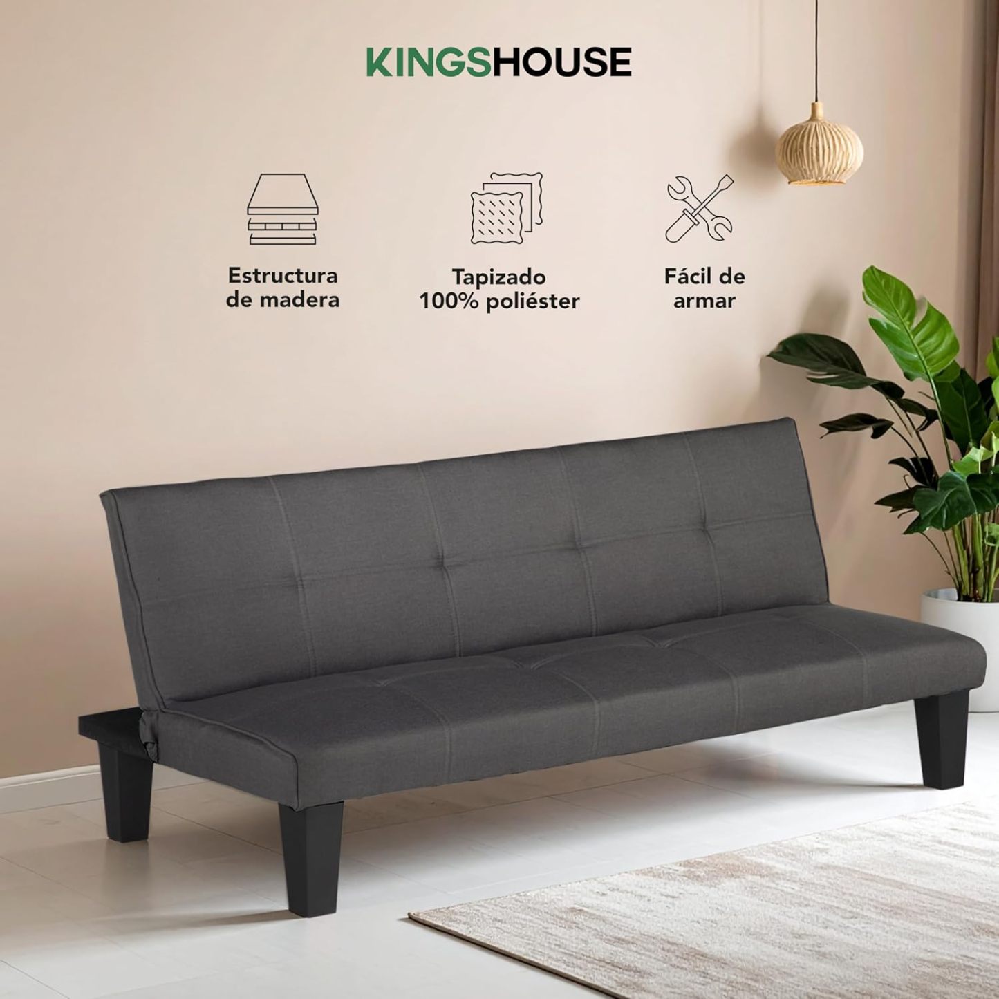 Kingshouse | Sofá Cama Individual Plegable – Sillón MIA – Estructura Madera – Tapizado en Lino Suave – Compacto y Multifuncional – Gris Oscuro