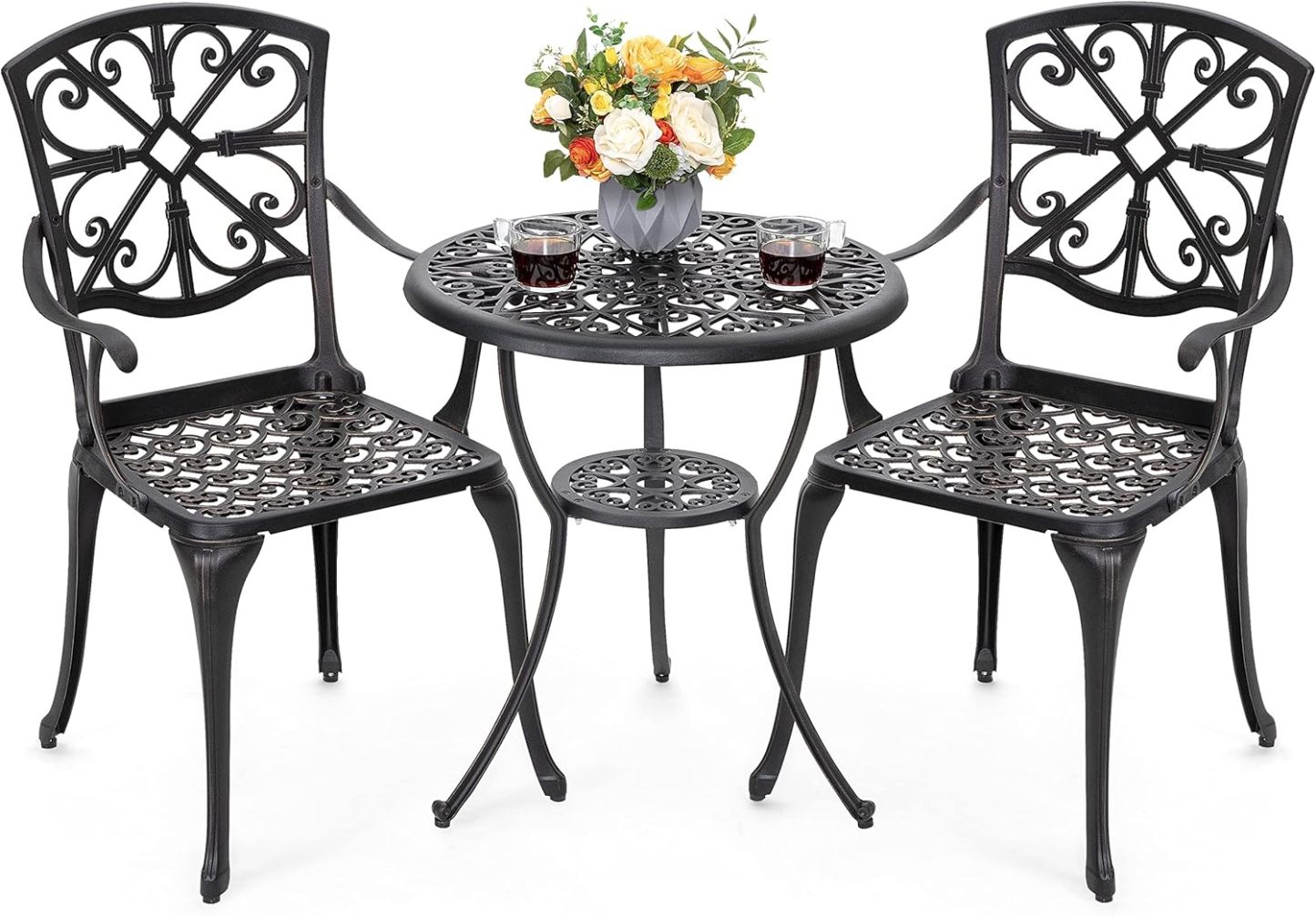 NUU GARDEN - Juego de bistró de 3 piezas para exteriores, todo clima, aluminio fundido, juego de mesa y sillas de patio, juego de 2 con agujero para sombrilla y cojines grises para el patio trasero