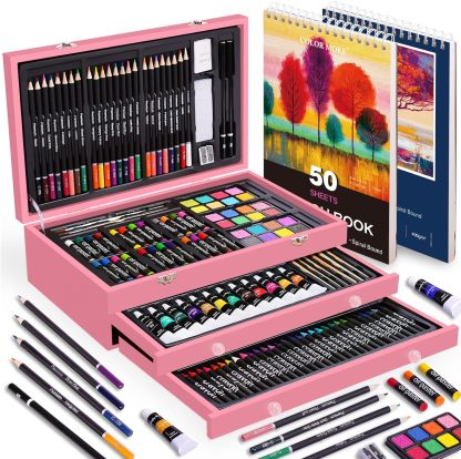 Juego de arte de lujo de 175 piezas con 2 almohadillas para orejas de dibujo, pinturas acrílicas, lápices de colores, juego de pintura en caja de madera, kit de arte profesional, suministros de arte