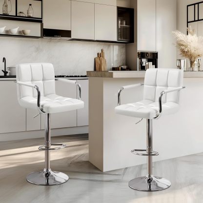 Juego de 2 taburetes de Bar giratorios Ajustables de Piel sintética, sillas hidráulicas de Barra con reposabrazos y Respaldo para Bar, Cocina, Comedor, Color Blanco