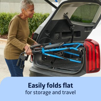 Medline Mobility - Rodillo de acero confiable para movilidad, color azul claro, 300 libras. Capacidad de peso, ruedas de 6 pulgadas, mango ajustable, asiento y respaldo acolchados, caminante rodante