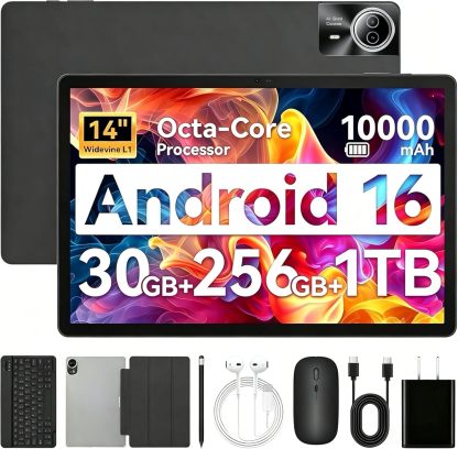 URAO Tablet Android 15, 14 pulgadas 30 GB RAM, 256 GB ROM, 1920 x 1200 IPS FHD, 10000 mAh, carga rápida de 30 W, procesador Octa-Core, Wi-Fi 6, BT 5.4,...