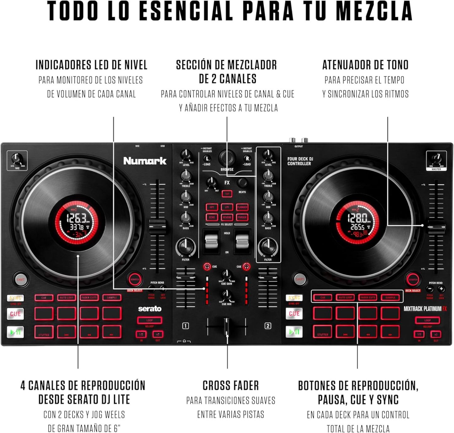 Numark Mixtrack Platinum FX Controlador DJ Para Serato DJ Con Control de 4 Secciones, Mezclador DJ, Interfaz de Audio Incorporada, Pantallas en Las Ruedas de Selección y Paletas de Efectos